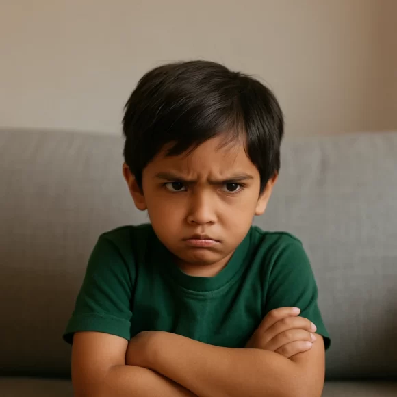 A young Pakistani boy with crossed arms, looking angry and upset.