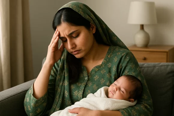 A Pakistani mother holding her sleeping newborn baby, looking stressed and tired with her hand on her forehead, reflecting signs of postpartum depression.