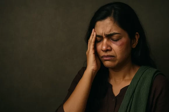 A distressed Pakistani woman holds one hand to her bruised face, eyes closed in emotional pain, portraying the trauma of domestic violence.