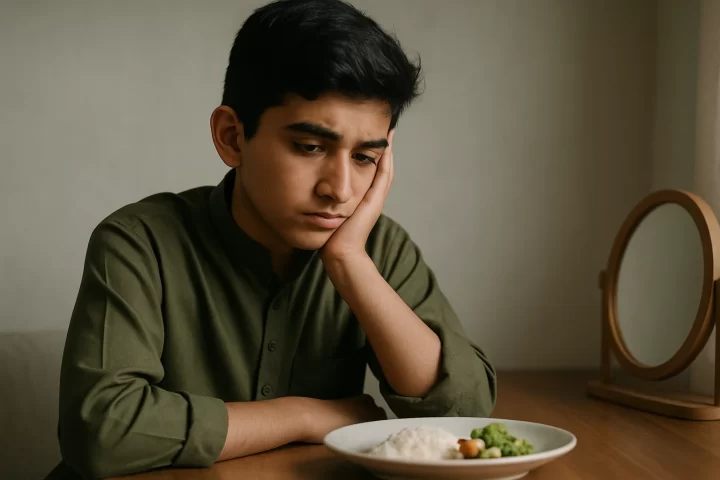 A 14-year-old Pakistani boy looks sad and thoughtful while sitting at a table with a plate of untouched food.