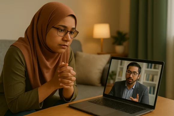 A woman during an online therapy session, looking focused with hands clasped in front of an open laptop that shows a male therapist speaking.