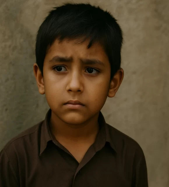 A young Pakistani boy stands centered against a weathered wall, looking slightly away with a solemn, pensive expression, reflecting sadness and emotional depth.