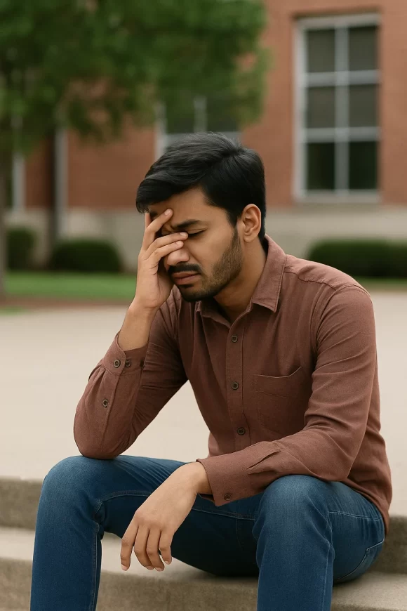 A young Pakistani male student covering his face with his hand in visible distress, reflecting emotional pain after a breakup during university life.