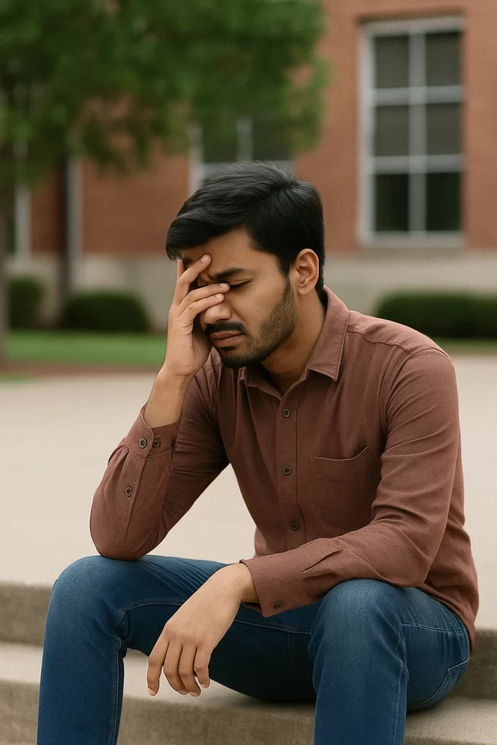 A young Pakistani male student covering his face with his hand in visible distress, reflecting emotional pain after a breakup during university life.