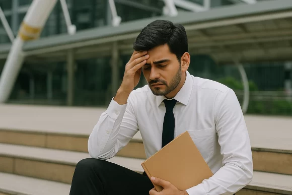 A young Pakistani man appearing stressed with his hand on his forehead, reflecting job-related pressure after graduation.