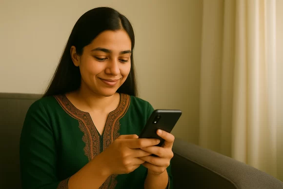 A young Pakistani woman smiling while using her smartphone, symbolizing text message therapy in a calm indoor setting.