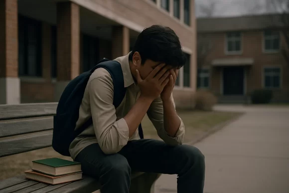 A Pakistani teenage boy sitting alone covering his face with his hands, looking stressed and overwhelmed,—symbolizing career-related anxiety and mental health struggles.