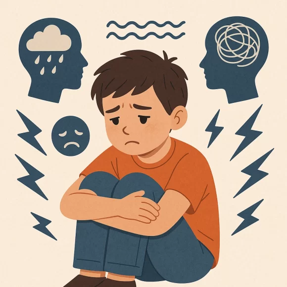 A sad boy surrounded by mental health symbols like storm clouds and tangled lines, representing early signs of mental illness in children.