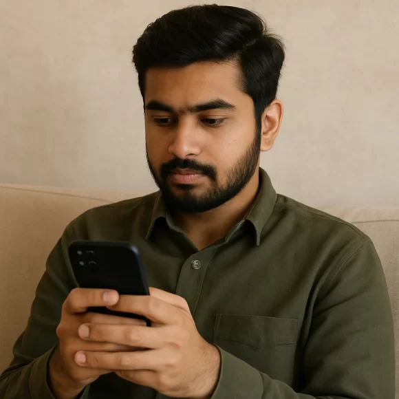 A young Pakistani man looking focused while holding a smartphone, as if seeking emotional support through text therapy.