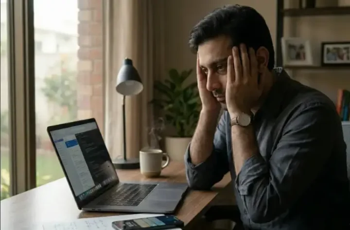 Pakistani man with high-functioning depression, working at laptop, head in hands.