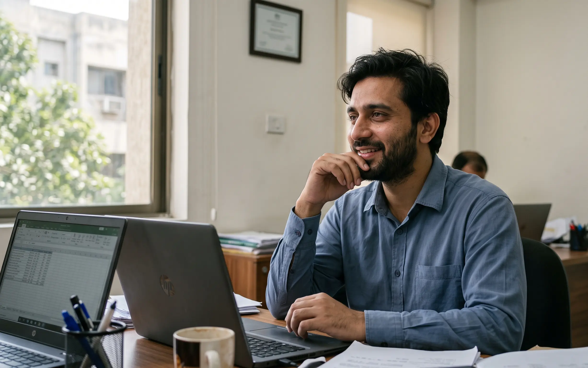High-functioning depression: man smiling at work while feeling emotionally exhausted inside