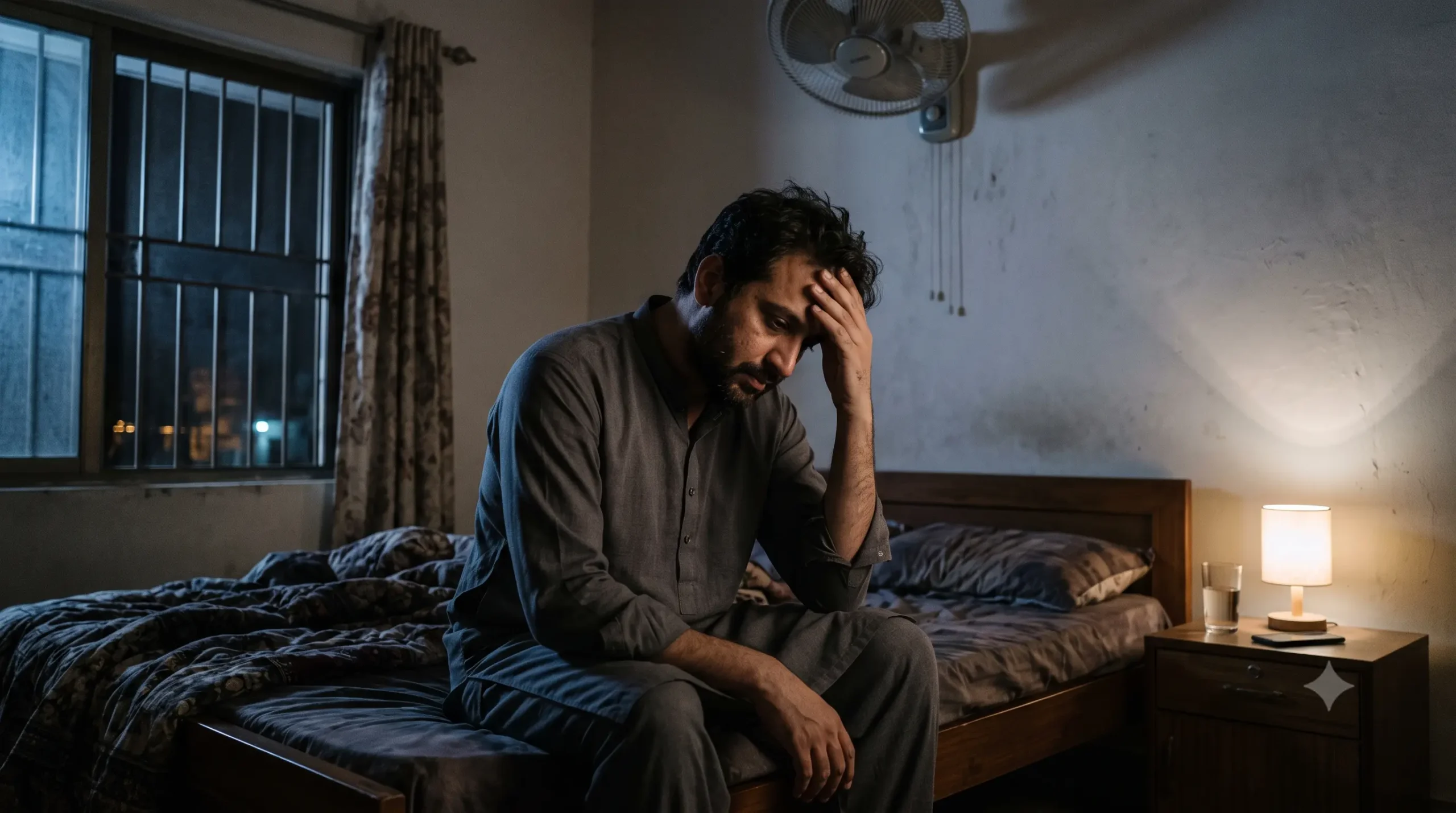 بے خوابی (Insomnia) کا شکار پاکستانی شخص رات کے وقت بستر پر جاگ رہا ہے