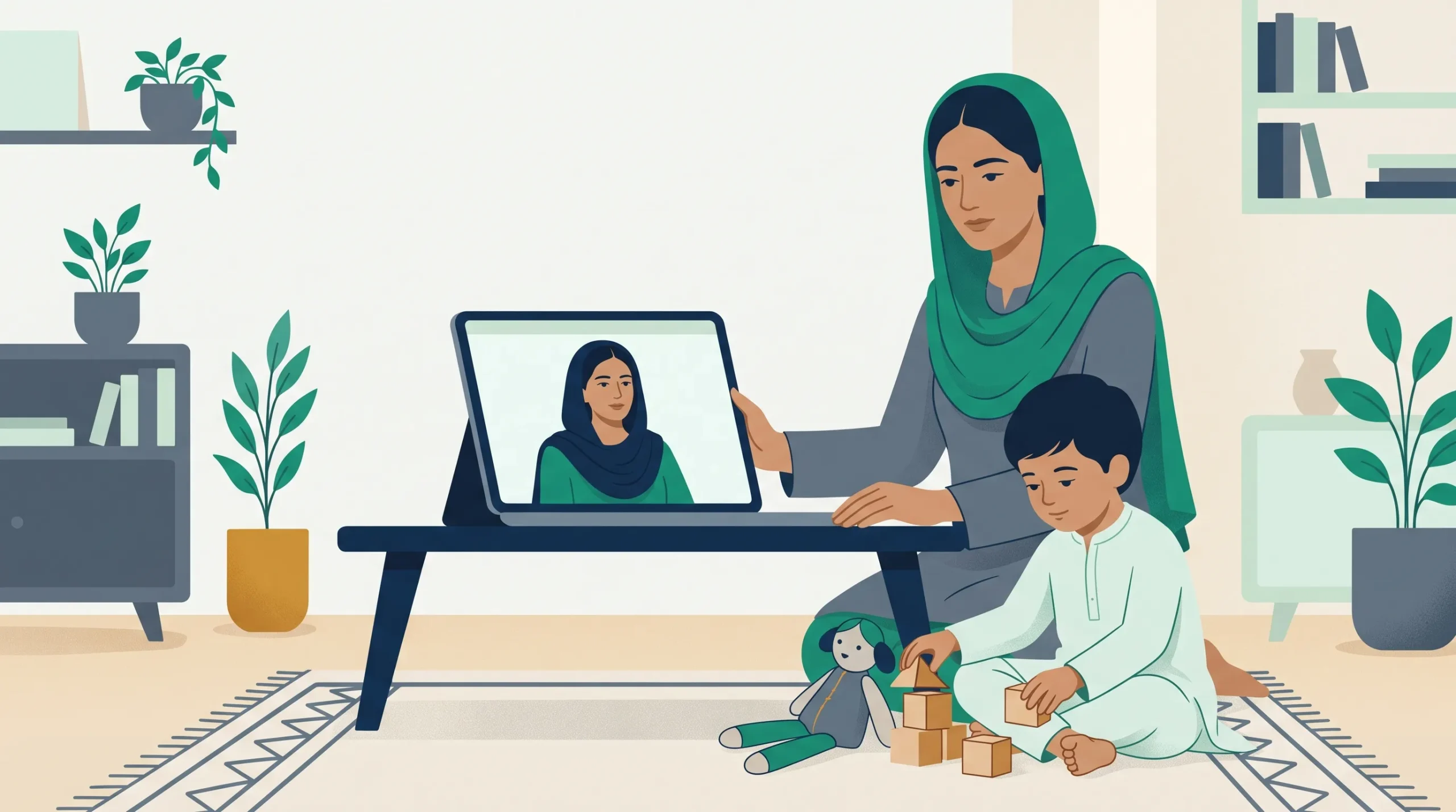 A psychologist observing a young child at play during an online BOSA autism assessment with SehatYab