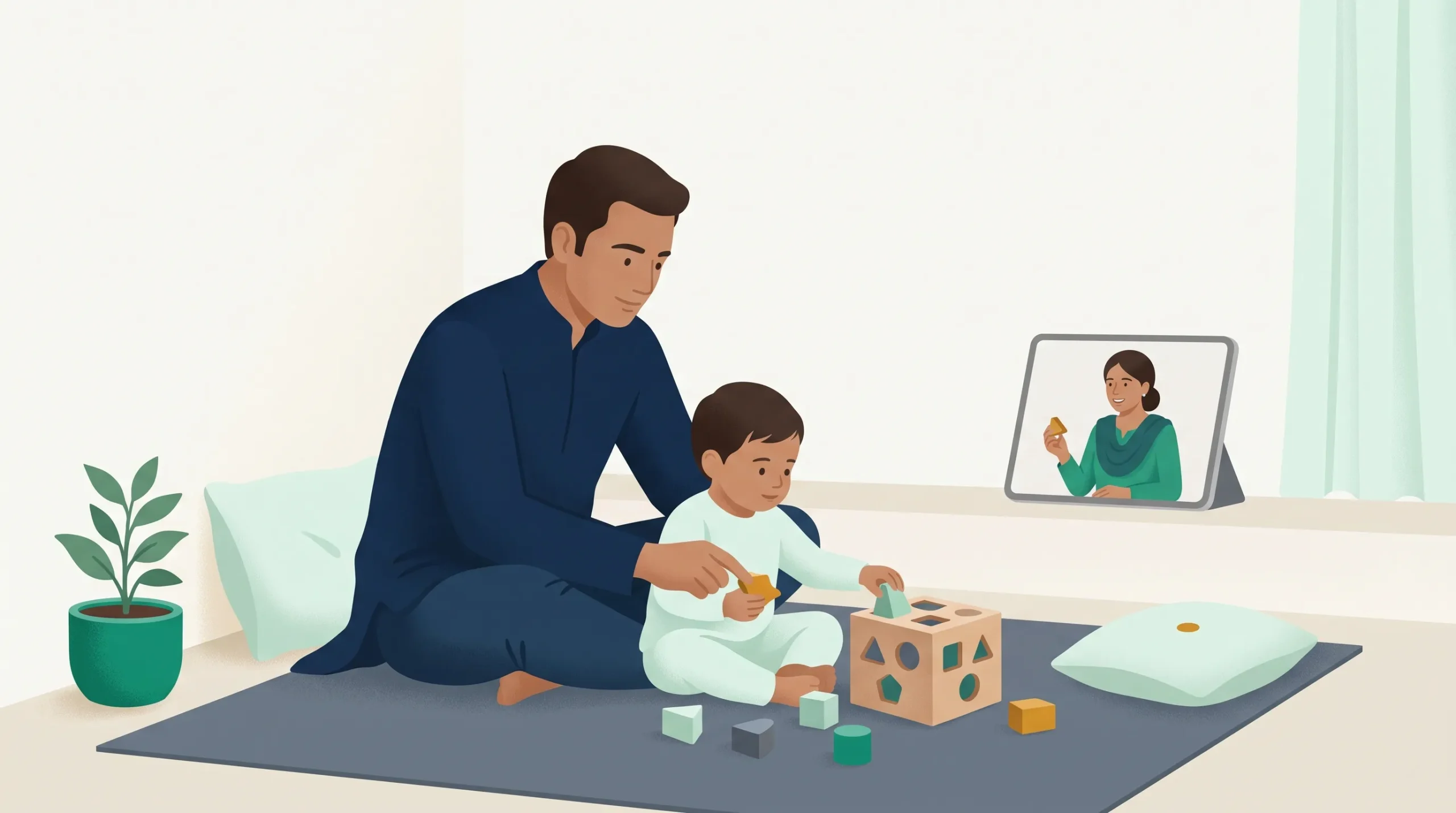 A parent and toddler working through early learning activities guided online by a SehatYab psychologist