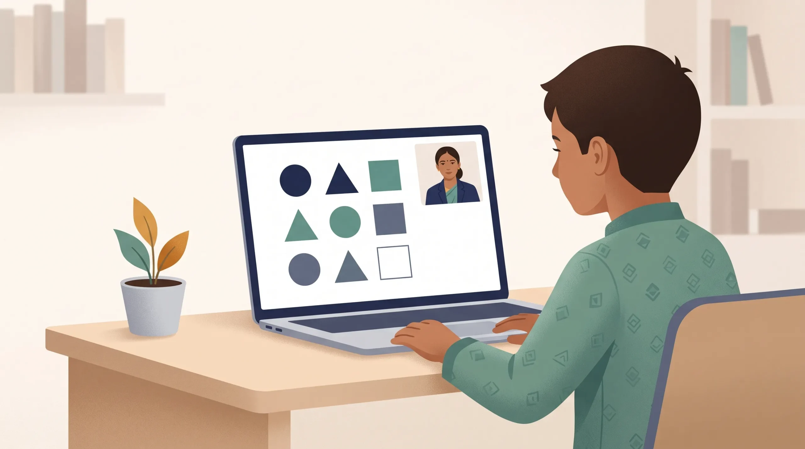 A child completing a non-verbal pattern reasoning task on screen during an online Raven's assessment with SehatYab