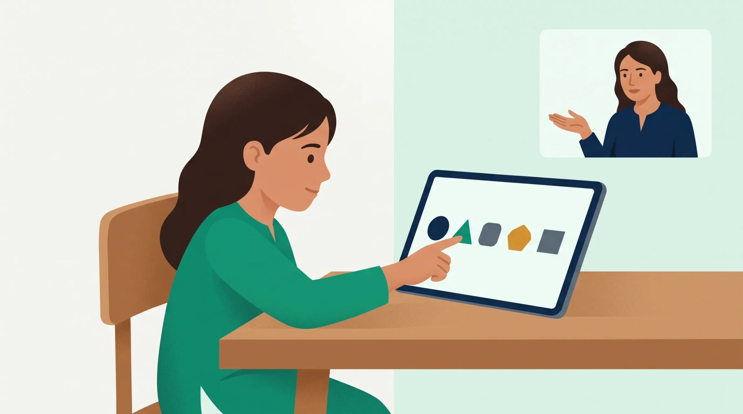A child choosing between simple shapes on screen during an online TONI-4 assessment with SehatYab