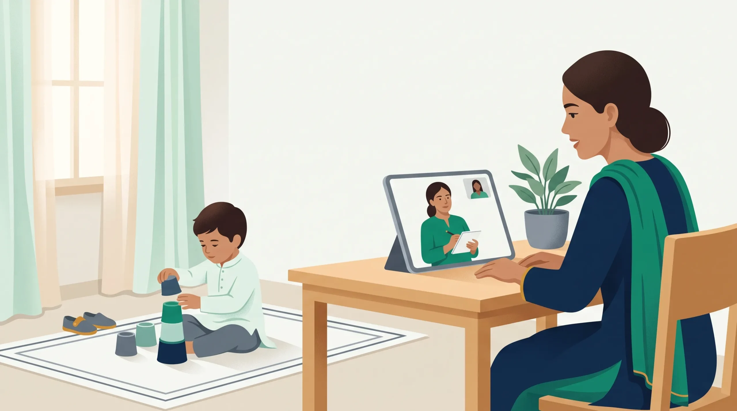 A parent describing a child's everyday skills to a psychologist in an online Vineland-2 assessment with SehatYab