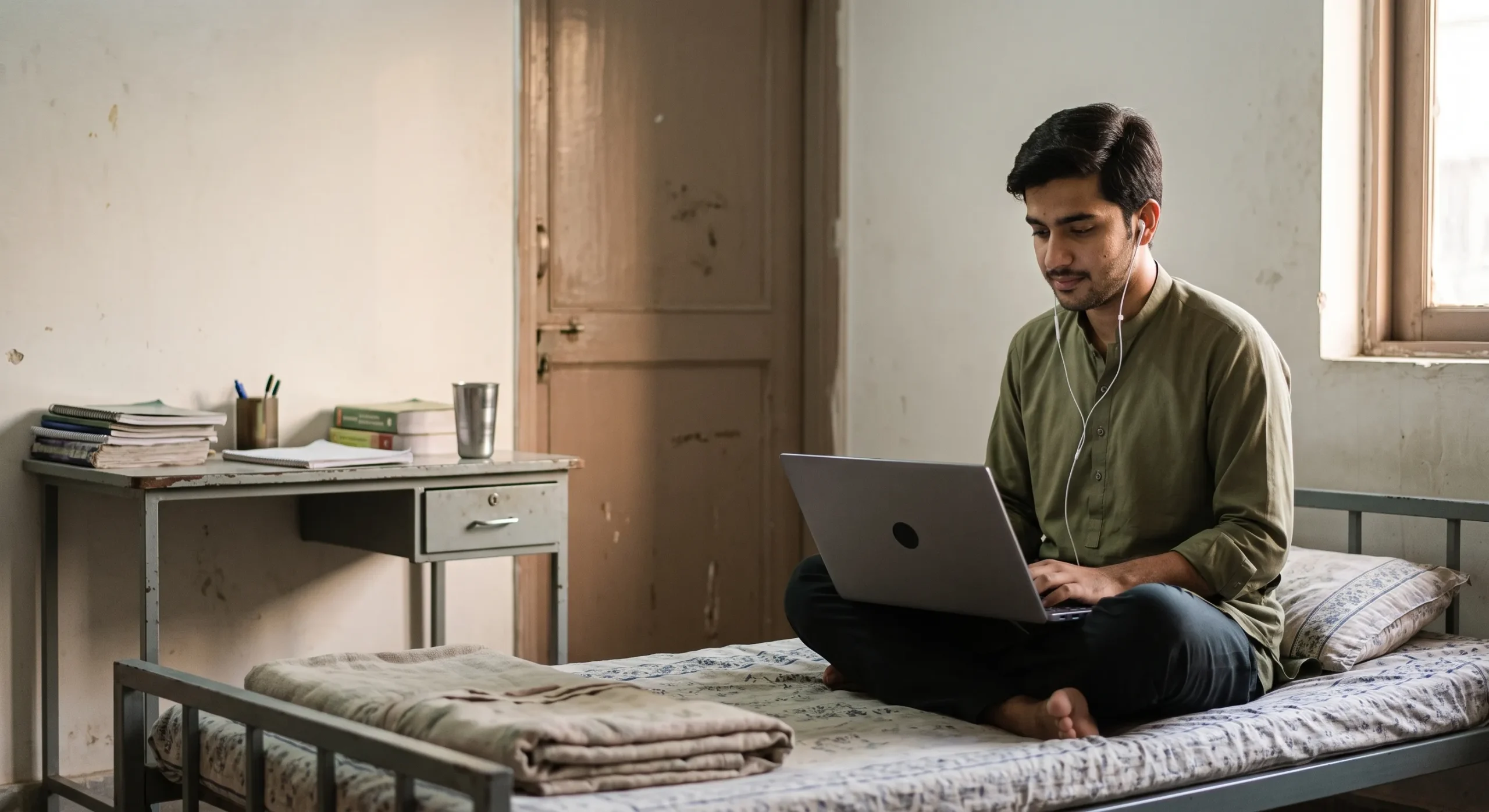 Pakistani university student taking a private online counselling session on a laptop in a hostel room